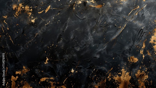 Beautiful grunge black gold background. Panoramic abstract decorative dark background. Wide angle rough stylish mystic texture wallpaper with copy space for design - generative ai © Nia™