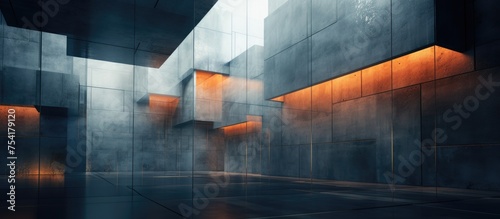 A modern building made of glass and concrete is illuminated by vibrant orange lights, creating a striking, abstract composition.