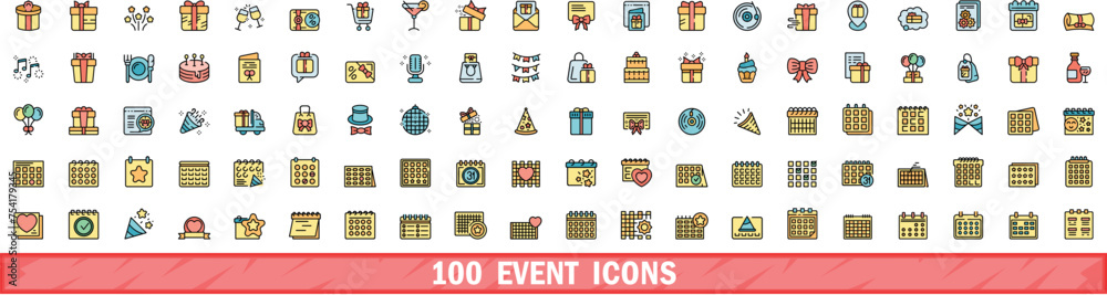 100 event icons set. Color line set of event vector icons thin line color flat on white
