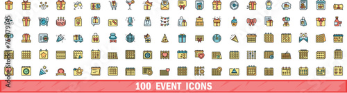 100 event icons set. Color line set of event vector icons thin line color flat on white