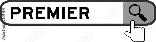 Search banner in word premier with hand over magnifier icon on white background