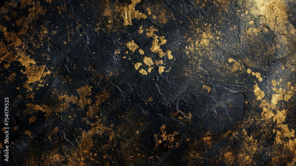 Beautiful grunge black gold background. Panoramic abstract decorative dark background. Wide angle rough stylish mystic texture wallpaper with copy space for design - generative ai Beautiful grunge black gold background. Panoramic abstract decorative dark background. Wide angle rough stylish mystic texture wallpaper with copy space for design - generative ai