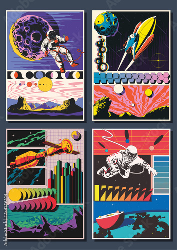 Abstract Space Poster Set. Astronauts, Spacecraft, Space Rockets, Asteroid, Extraterrestrial Landscapes, Geometric Shapes, 1980s Colors 