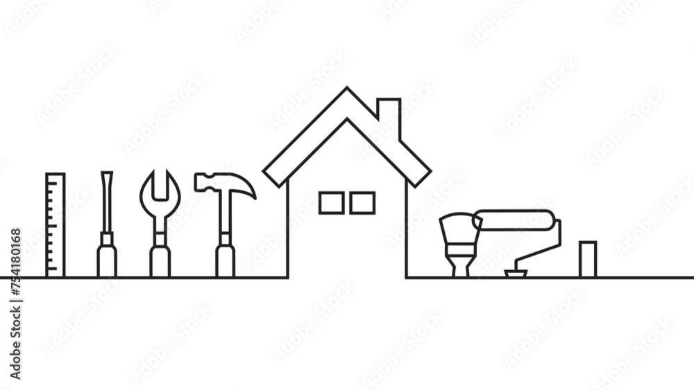 Self-drawing line art with work tools and house as construction and building industry, facility management, home improvement, renovation, repair or maintenance related animation