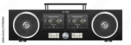 Vector dark portable vintage stereo tape recorder with two cassette decks and speakers in a modern design. Audio recording device. Retro music gadget. White isolated background.