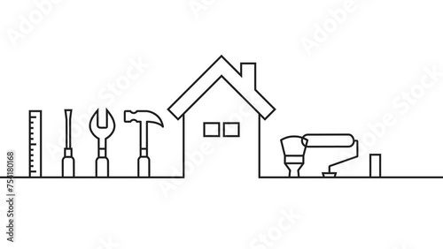 Self-drawing line art with work tools and house as construction and building industry, facility management, home improvement, renovation, repair or maintenance related animation