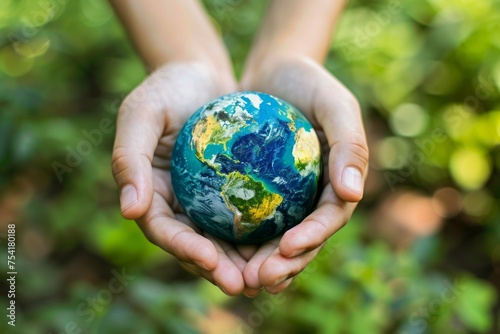 Hands holding a small globe with a green background