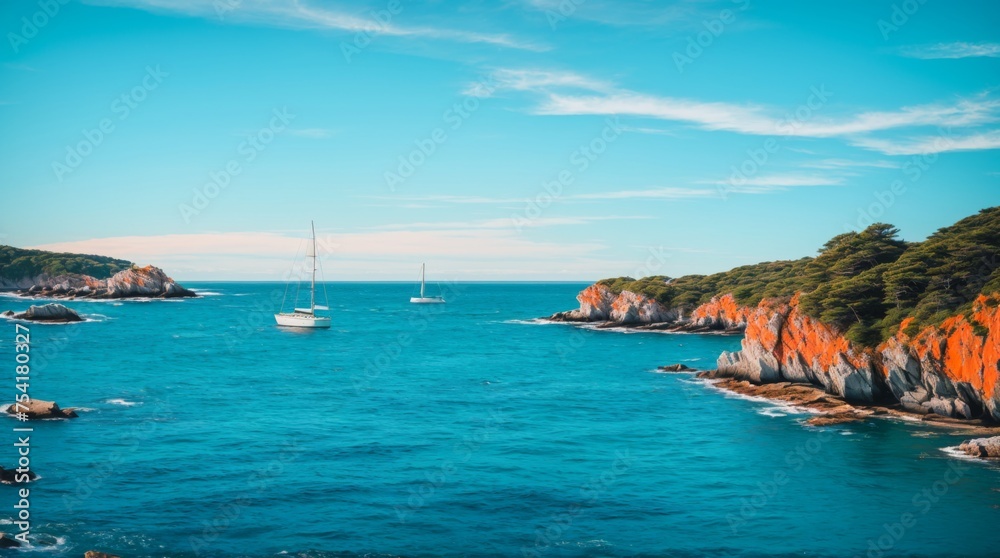 Peaceful ocean scenery featuring a sailboat tucked between rocky coastlines under a bright blue sky Peaceful ocean scenery featuring a sailboat tucked between rocky coastlines under a bright blue sky