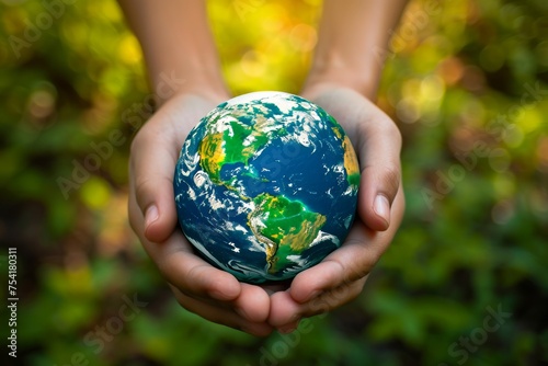 Hands holding a small globe with a green background