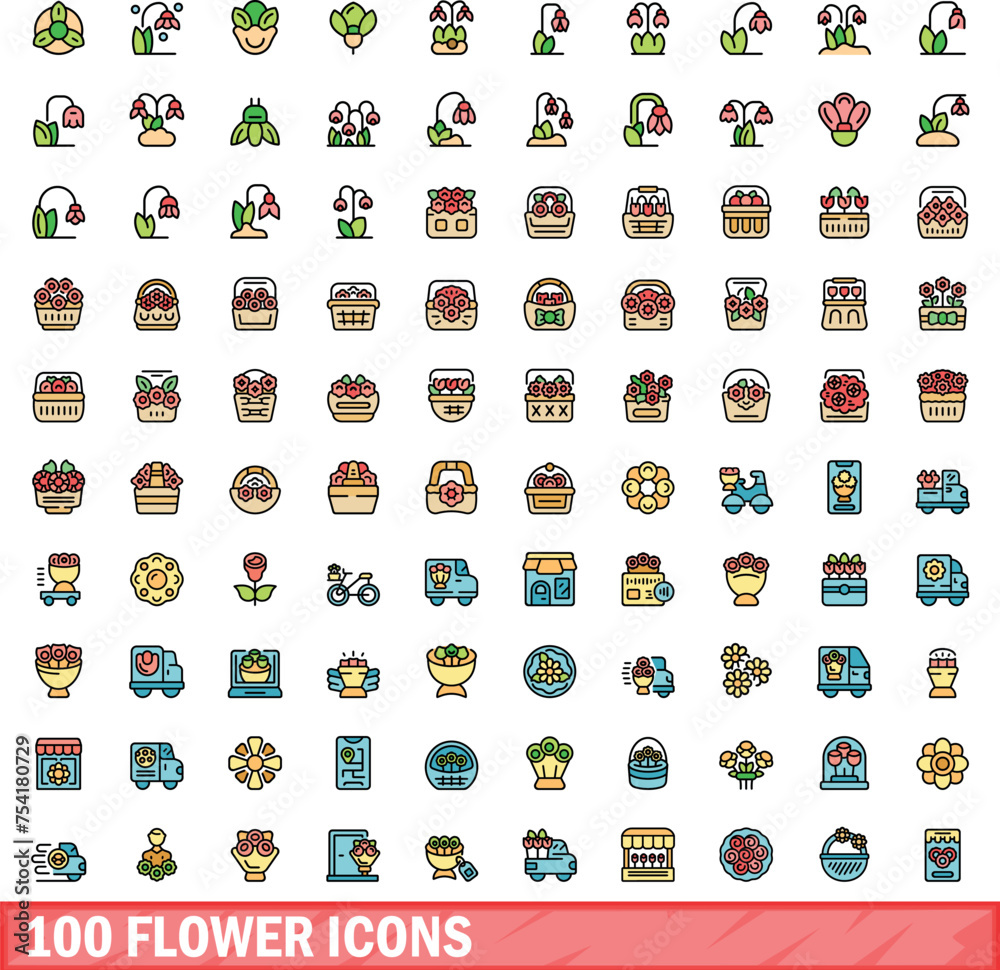 100 flower icons set. Color line set of flower vector icons thin line color flat on white 100 flower icons set. Color line set of flower vector icons thin line color flat on white