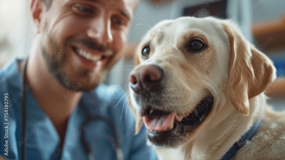 Cropped portrait of unrecognizable male veterinarian examining white Labrador dog at vet clinic, copy space