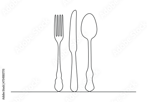 Spoon  fork and knife continuous one line drawing vector illustration. Pro vector