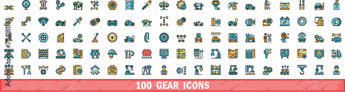 100 gear icons set. Color line set of gear vector icons thin line color flat on white