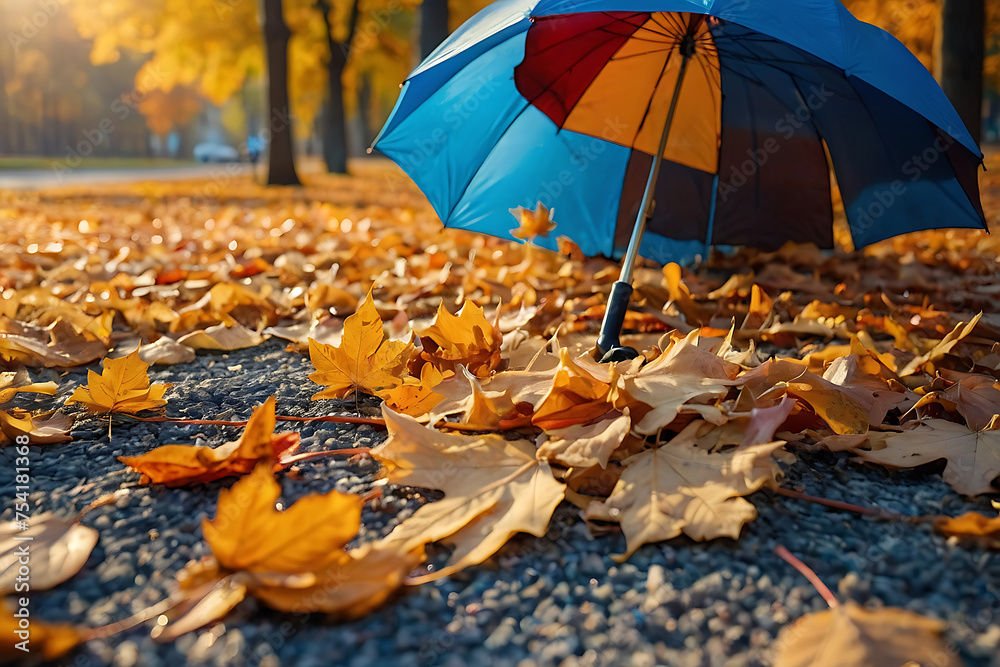 Beautiful autumn background landscape. Carpet of fallen orange autumn leaves in park and blue umbrella. Leaves fly in wind in sunlight. Concept of Golden autumn.