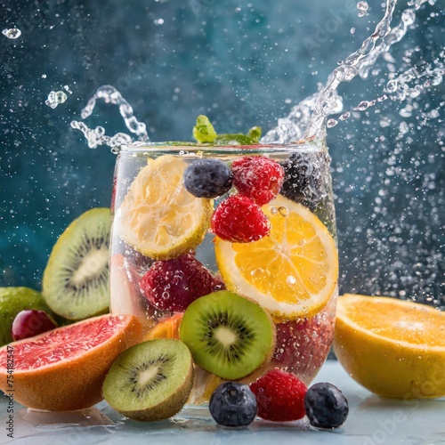 Close up photo of sparkling bubbles with fruits 