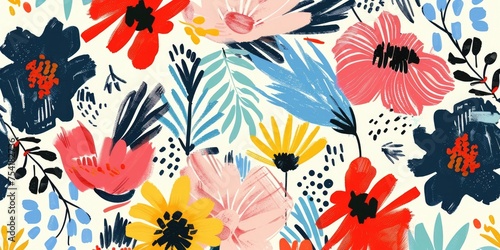 Bright, artistic, hand-drawn abstract floral print. Generative Ai