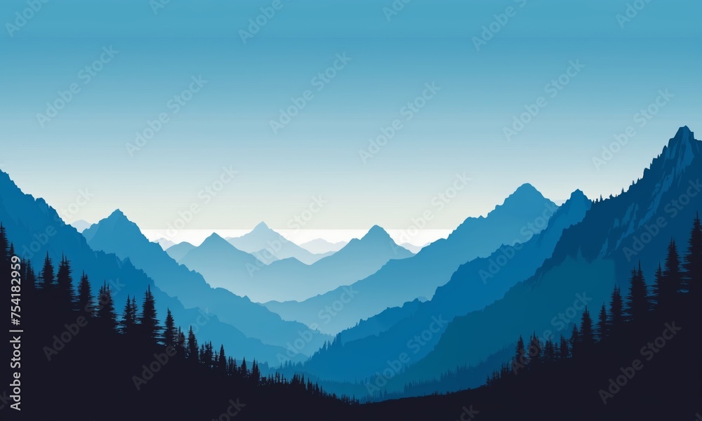 Mountains with coniferous forest and blue sky, illustration in flat style.