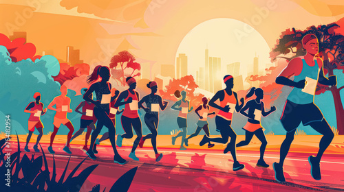 Trailing And Marathon Event Illustration Concept. Multiple People Running For The Marathon Run 