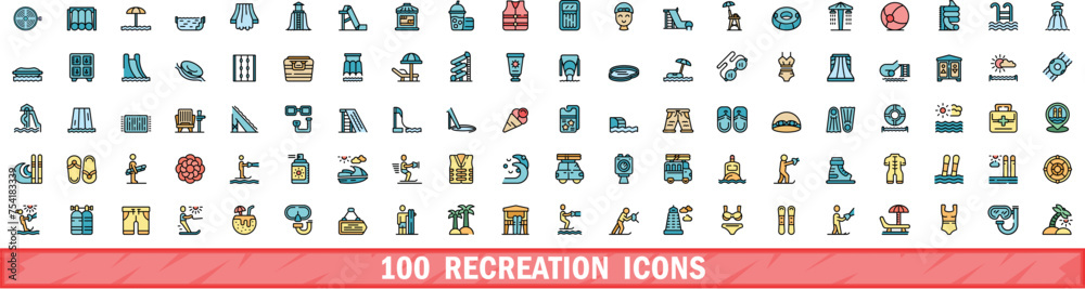 100 recreation icons set. Color line set of recreation vector icons thin line color flat on white 100 recreation icons set. Color line set of recreation vector icons thin line color flat on white