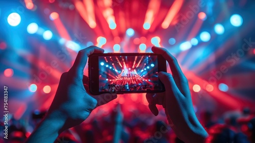 Holding a smartphone, recording live music festivals and taking photos of concert stages, fancy party festivals. photo