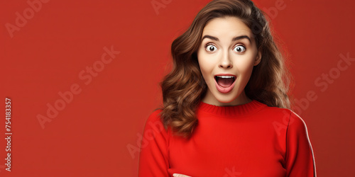 Close-up photo of shackled surprised young woman isolated on red background with copy space. Discount sale banner, bargain offer