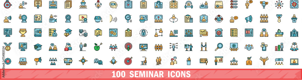 100 seminar icons set. Color line set of seminar vector icons thin line color flat on white - obrazy, fototapety, plakaty 