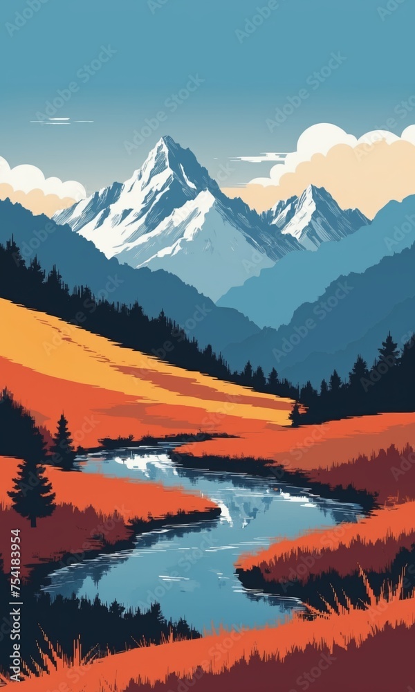 Mountain landscape with river, forest and mountains. illustration in flat style.