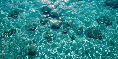 Crystal clear water top view background. Blue turquoise ripple