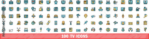 100 tv icons set. Color line set of tv vector icons thin line color flat on white