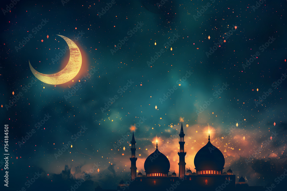 Islamic Ramadan Kareem or Eid Mubarak background wallpaper featuring a mosque, crescent moon, and starry night sky. Ideal for designs, greeting cards, posters, social media banners, and Eid Mubarak po - obrazy, fototapety, plakaty 