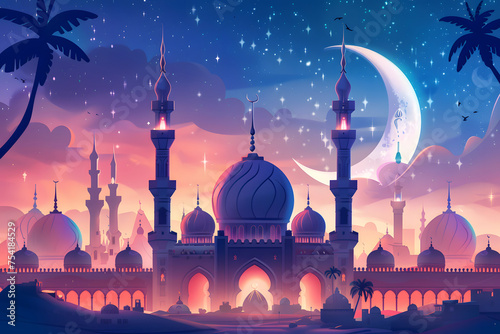 Islamic Ramadan Kareem or Eid Mubarak background wallpaper featuring a mosque, crescent moon, and starry night sky. Ideal for designs, greeting cards, posters, social media banners, and Eid Mubarak po