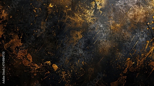 Beautiful grunge black gold background. Panoramic abstract decorative dark background. Wide angle rough stylish mystic texture wallpaper with copy space for design - generative ai