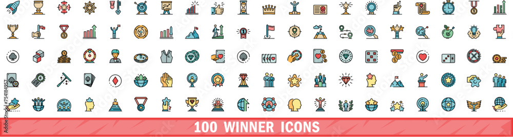 Fototapeta premium 100 winner icons set. Color line set of winner vector icons thin line color flat on white