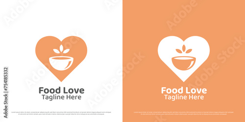 Love food logo design illustration. Silhouette of soup bowl kitchen food drink heart delicious dinner diet business cafe restaurant cook. Modern geometric creative abstract minimal simple icon symbol.