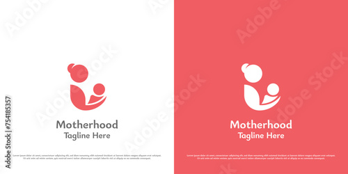Child motherhood logo design illustration. Silhouette of mother embracing baby midwife. Symbol icon simple minimal happy soft peaceful warm abstract grateful care support help infant kid son family.