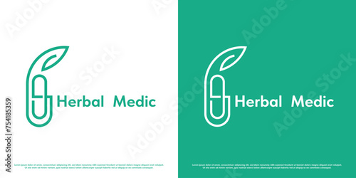 Herbal health logo design illustration. Silhouette of medical medicine pill plant eco nature herbal hospital pharmacy clinic. Simple minimal minimalist geometric modern abstract capsule line icon.