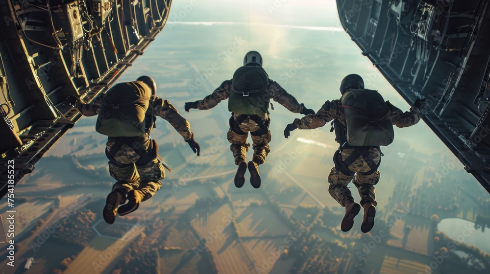 A combat soldier or parachutist jumps out of an airplane to practice air combat repair. - obrazy, fototapety, plakaty 