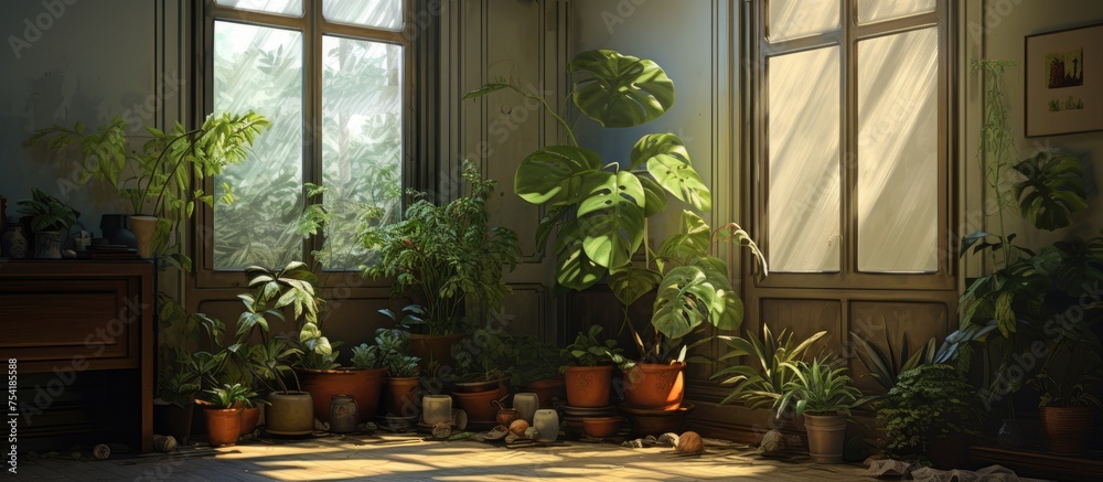 A room filled with numerous potted plants arranged next to a large window, allowing sunlight to filter through and illuminate the greenery indoors.