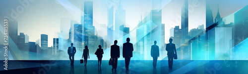 Banner of silhouetted business professionals walking in a futuristic cityscape