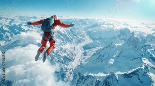 Aerial view: A skydiver jumps out of a plane to explore a beautiful snow-covered aerial landscape in winter. Including Provo, Farmington, Bountiful, Orem, and Salt Lake City, Utah, USA.