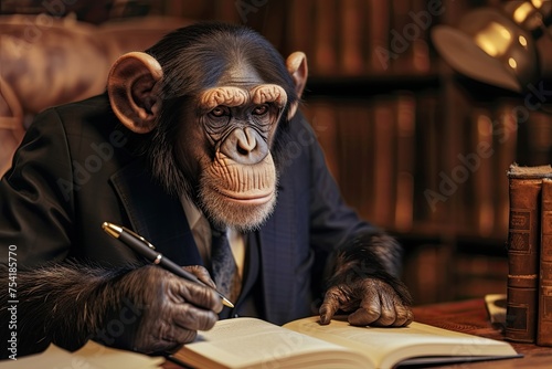 Monkey sitting at the table and writing in the book. Concept of education.