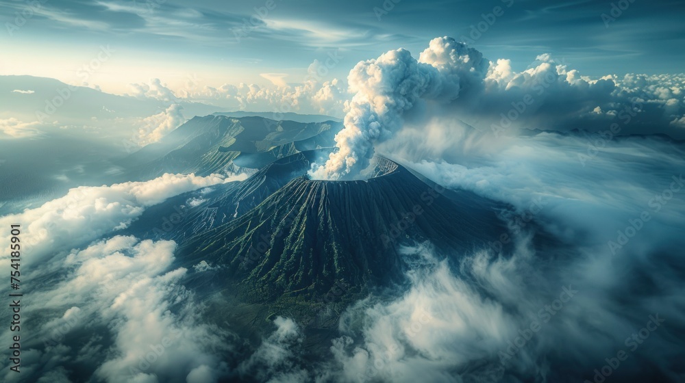 Aerial view of a large volcano erupting A large volcano erupts, releasing hot lava and gases into the atmosphere. volcanic erosion Revealing the night sky Showcasing the enchanting nature - obrazy, fototapety, plakaty 