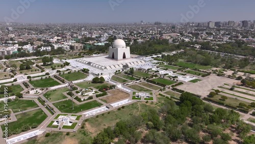 Aerial drone footage of Mazar-e-Quaid also known as tomb of Quaid-e-Azam, landmarks of Karachi Pakistan, sightseeing photo