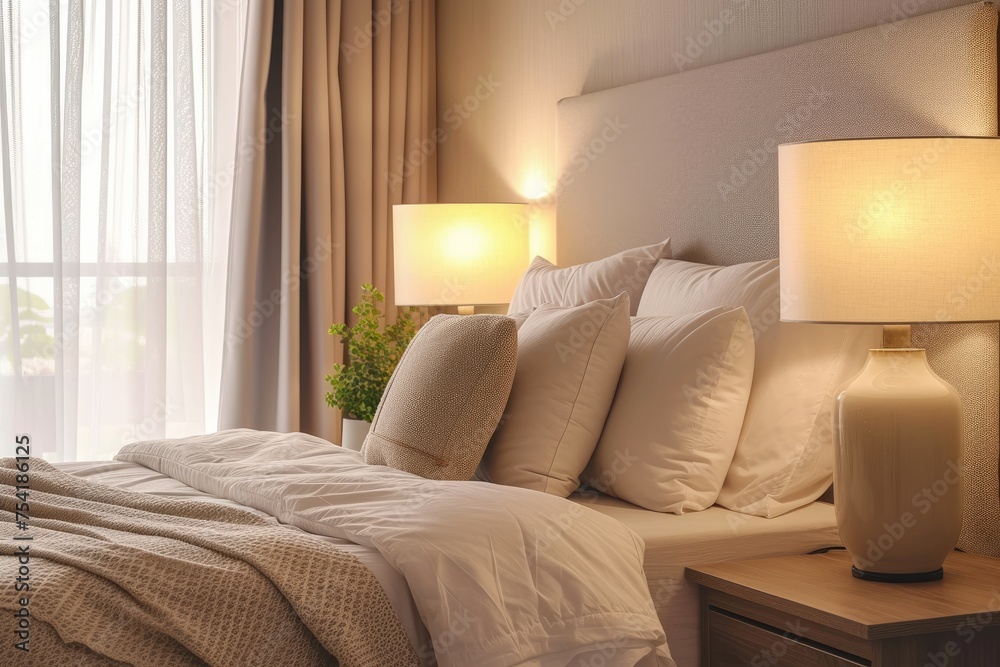 Comfortable bed with pillows in hotel room. Comfortable bed with pillows in hotel room.
