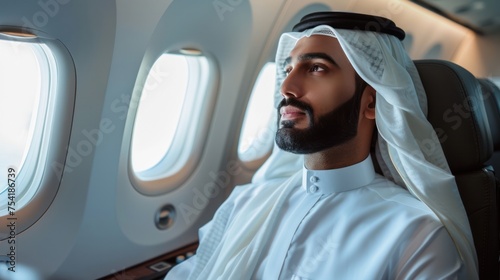 Muslim businessman in traditional white robes sits on a plane during a business trip.