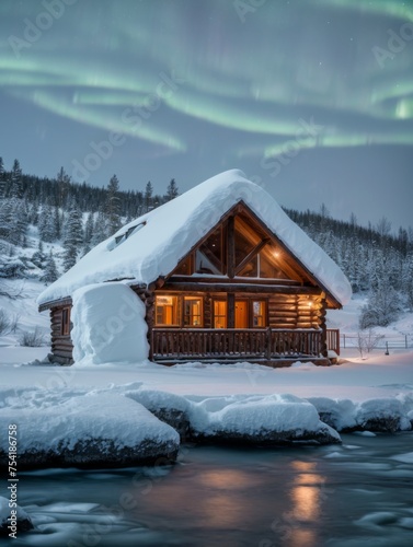 Warmly lit snowy riverside cabin under faint aurora twilight sky  © Fred