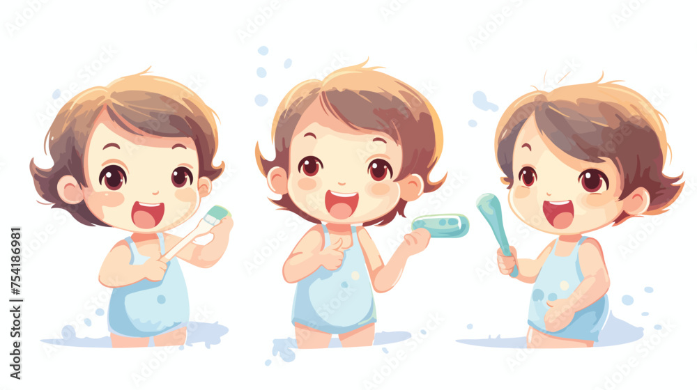 Happy cute kid girl brush clean teeth illustration.