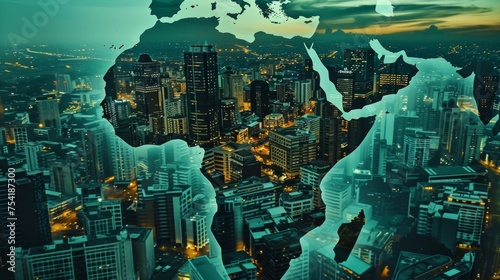 Africa's growth potential. Double Exposure of Africa Map and Bustling Cityscape