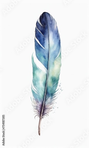 Watercolor feather isolated on white background. Hand-drawn illustration.
