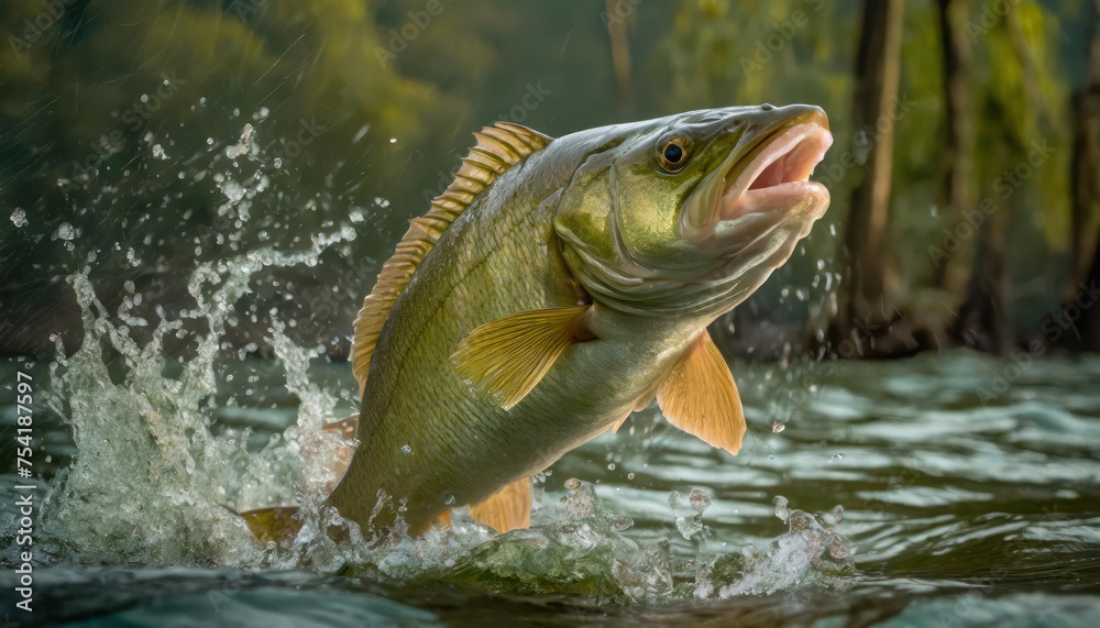 High-quality photo . Large mouth bass jumping out of the water. front view High-quality photo . Large mouth bass jumping out of the water. front view
